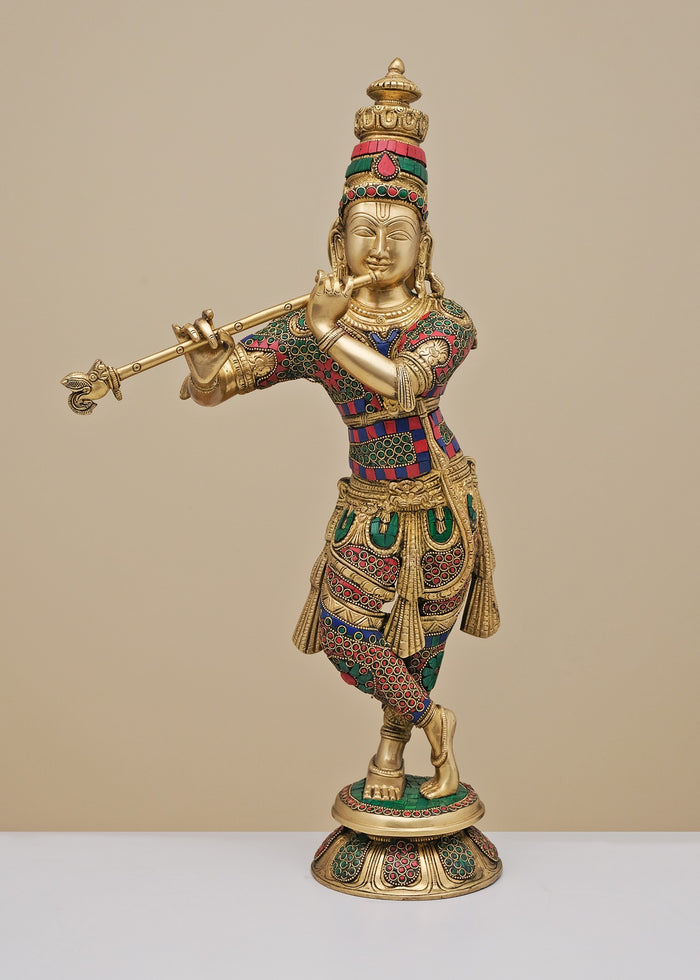 23" Brass Krishna Flute Player Statue with Inlay Handmade