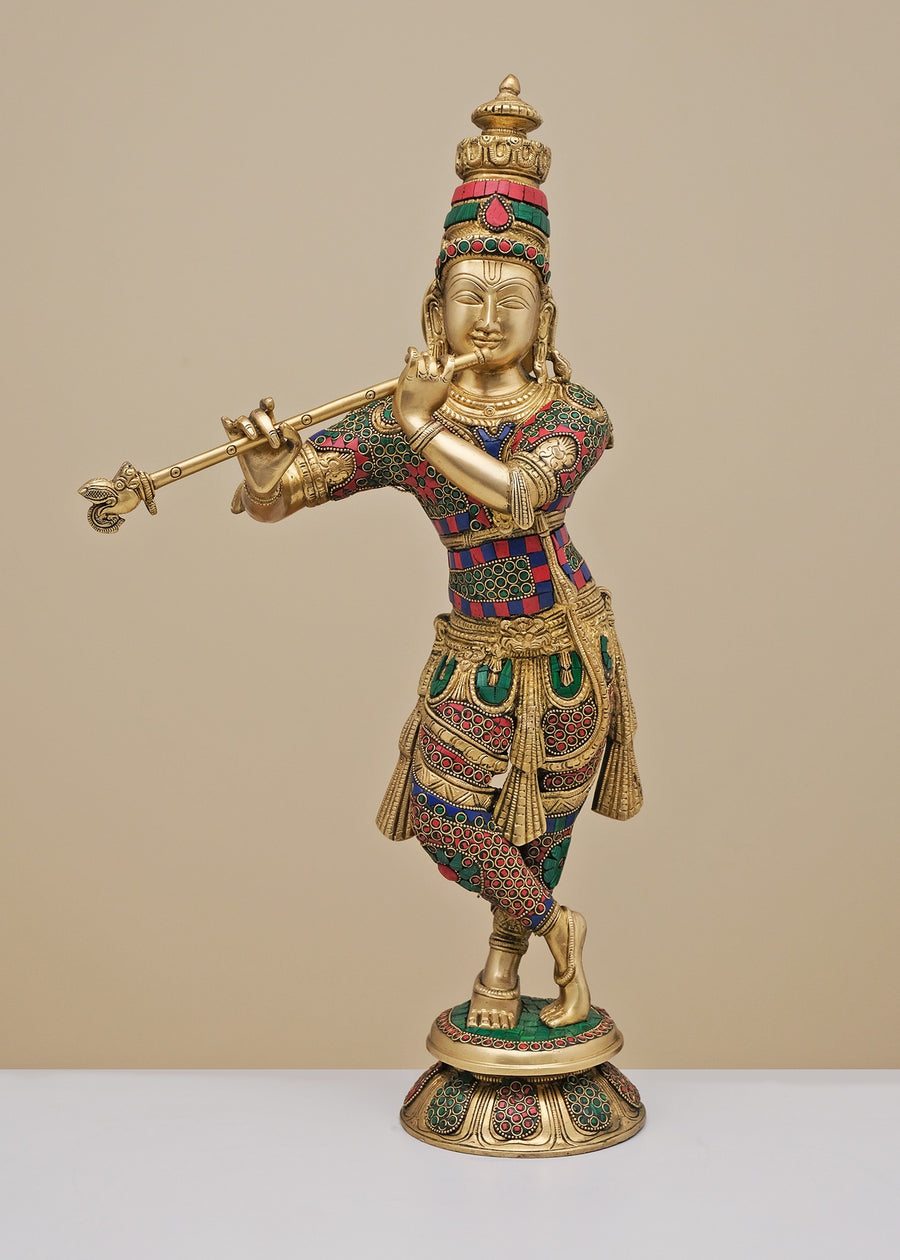 23" Brass Krishna Flute Player Statue with Inlay Handmade