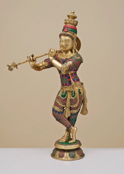 23" Brass Fluting Krishna with Inlay Work | Handmade