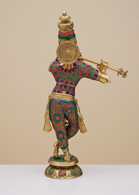23" Brass Fluting Krishna with Inlay Work | Handmade