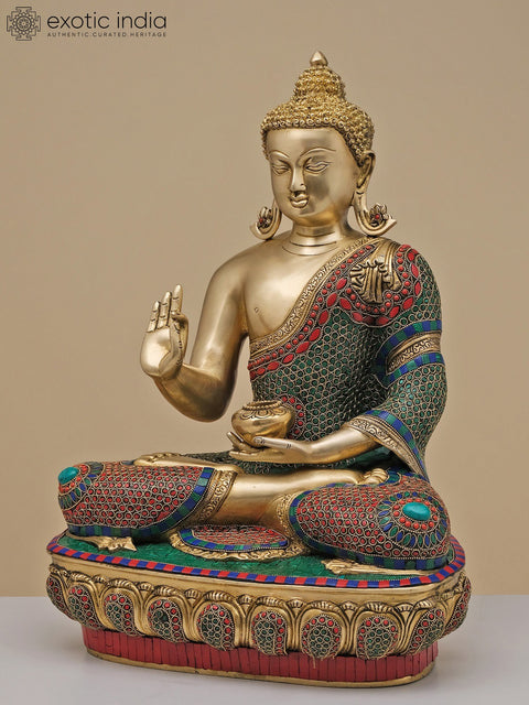 22" Brass Gautam Buddha Preaching His Dharma with Inlay Work | Handmade