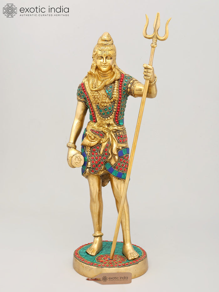 18" Standing Shiva Brass Statue with Inlay Work Handmade