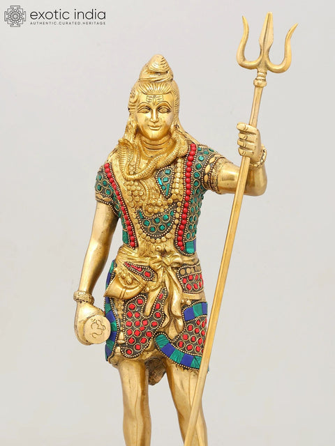 18" Brass Standing Shiva with Inlay Work | Handmade
