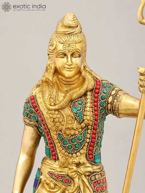 18" Brass Standing Shiva with Inlay Work | Handmade