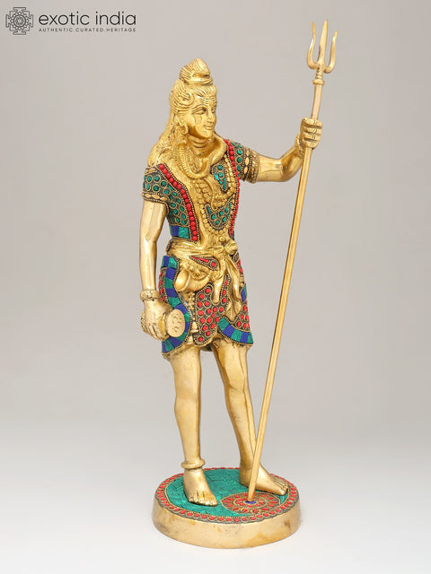 18" Brass Standing Shiva with Inlay Work | Handmade