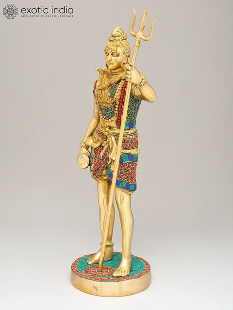 18" Brass Standing Shiva with Inlay Work | Handmade