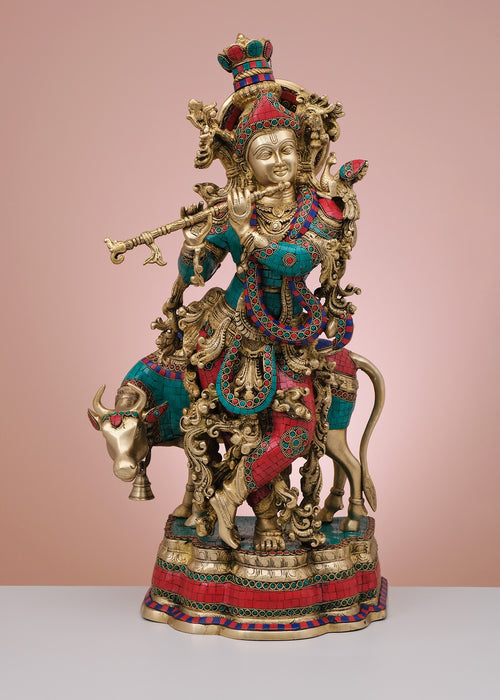 27" Brass Krishna with Cow Handmade Statue
