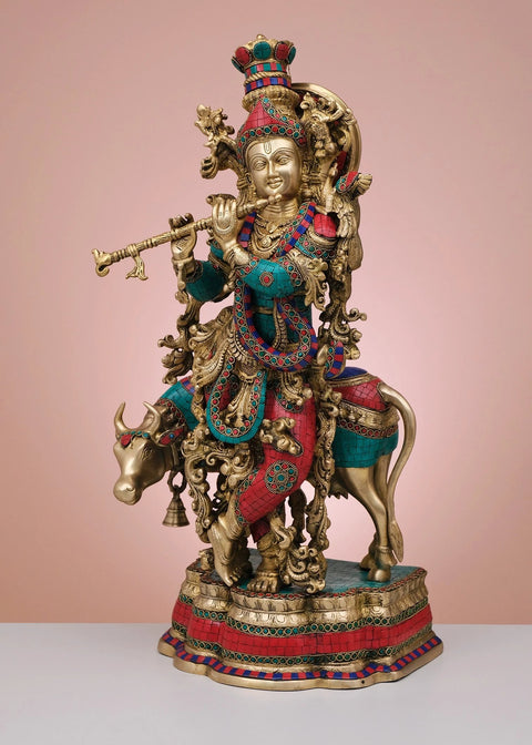 27" Brass Fluting Krishna with His Cow | Handmade