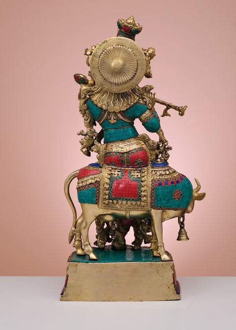27" Brass Fluting Krishna with His Cow | Handmade