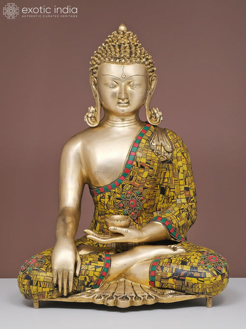 20" Handmade Brass Bhumisparsha Buddha Statue with Inlay Work