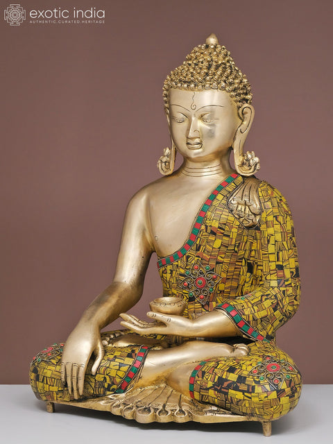 20" Brass Bhumisparsha Buddha with Inlay Work | Handmade