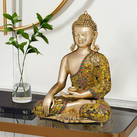 20" Brass Bhumisparsha Buddha with Inlay Work | Handmade