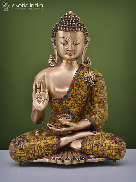 20" Brass Gautam Buddha Preaching His Dharma with Inlay Work | Handmade