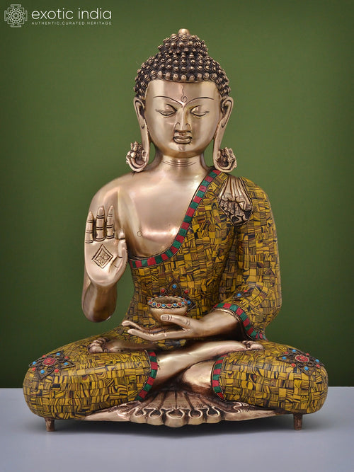 20" Handmade Brass Buddha Preaching Dharma Statue with Inlay Work