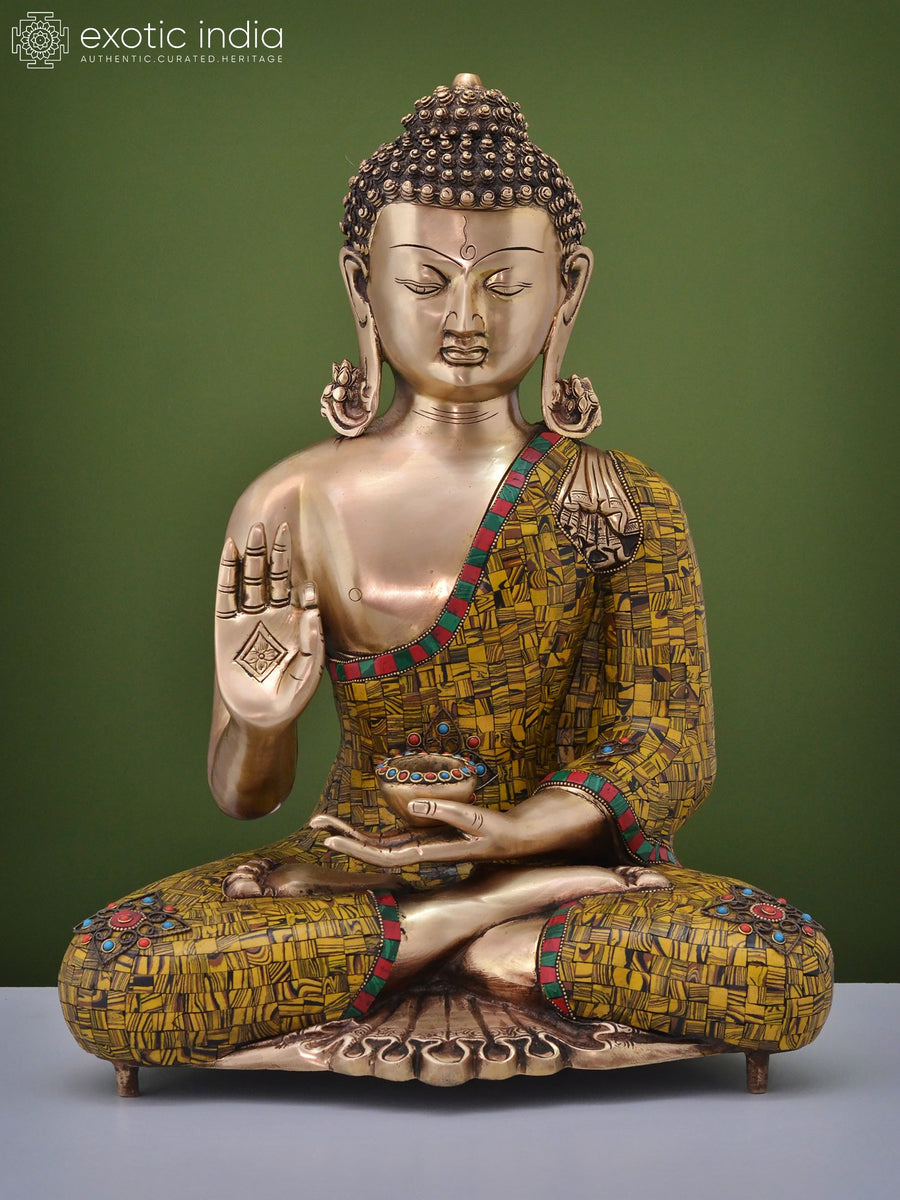 20" Handmade Brass Buddha Preaching Dharma Statue with Inlay Work