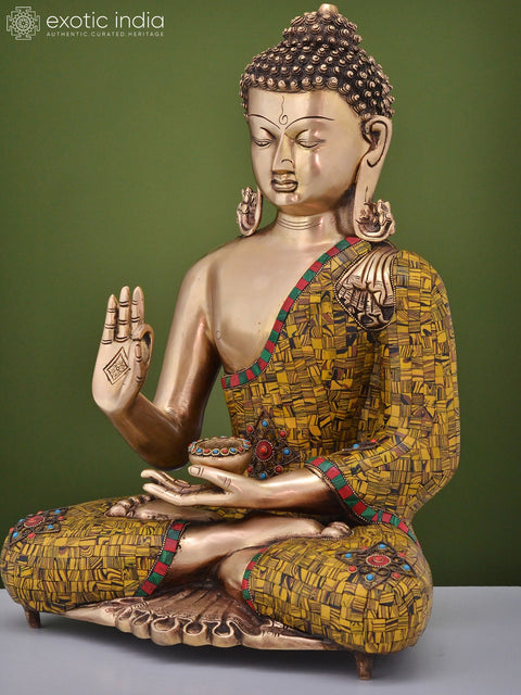 20" Brass Gautam Buddha Preaching His Dharma with Inlay Work | Handmade