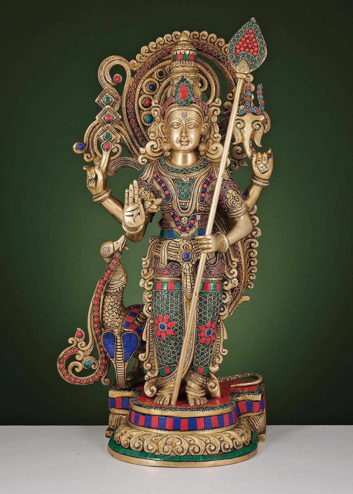 22" Brass Lord Karttikeya (Murugan) with Inlay Work | Handmade