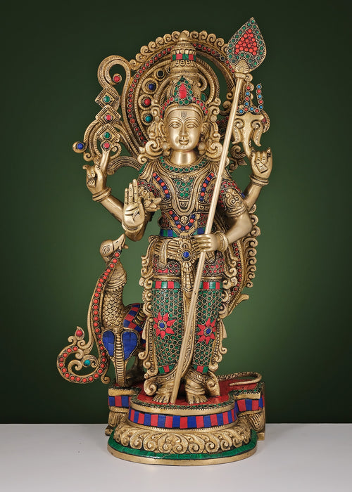 22" Handmade Brass Lord Murugan Statue with Inlay Work