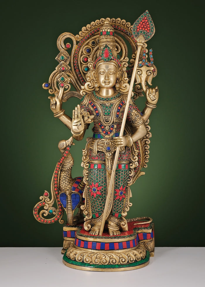 22" Handmade Brass Lord Murugan Statue with Inlay Work