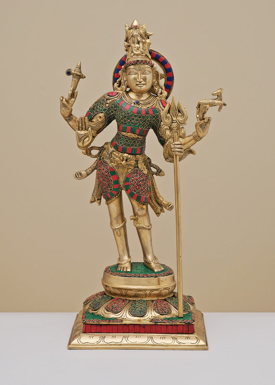 21" Handmade Brass Standing Shiva Statue with Inlay Work