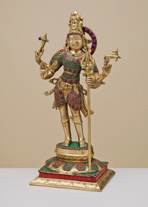 21" Brass Standing Shiva with Inlay Work | Handmade
