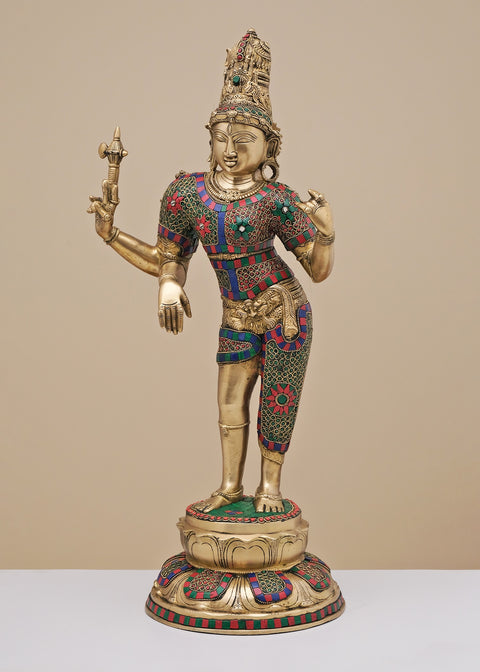 26" Brass Ardhanarishvara with Inlay Work | Handmade