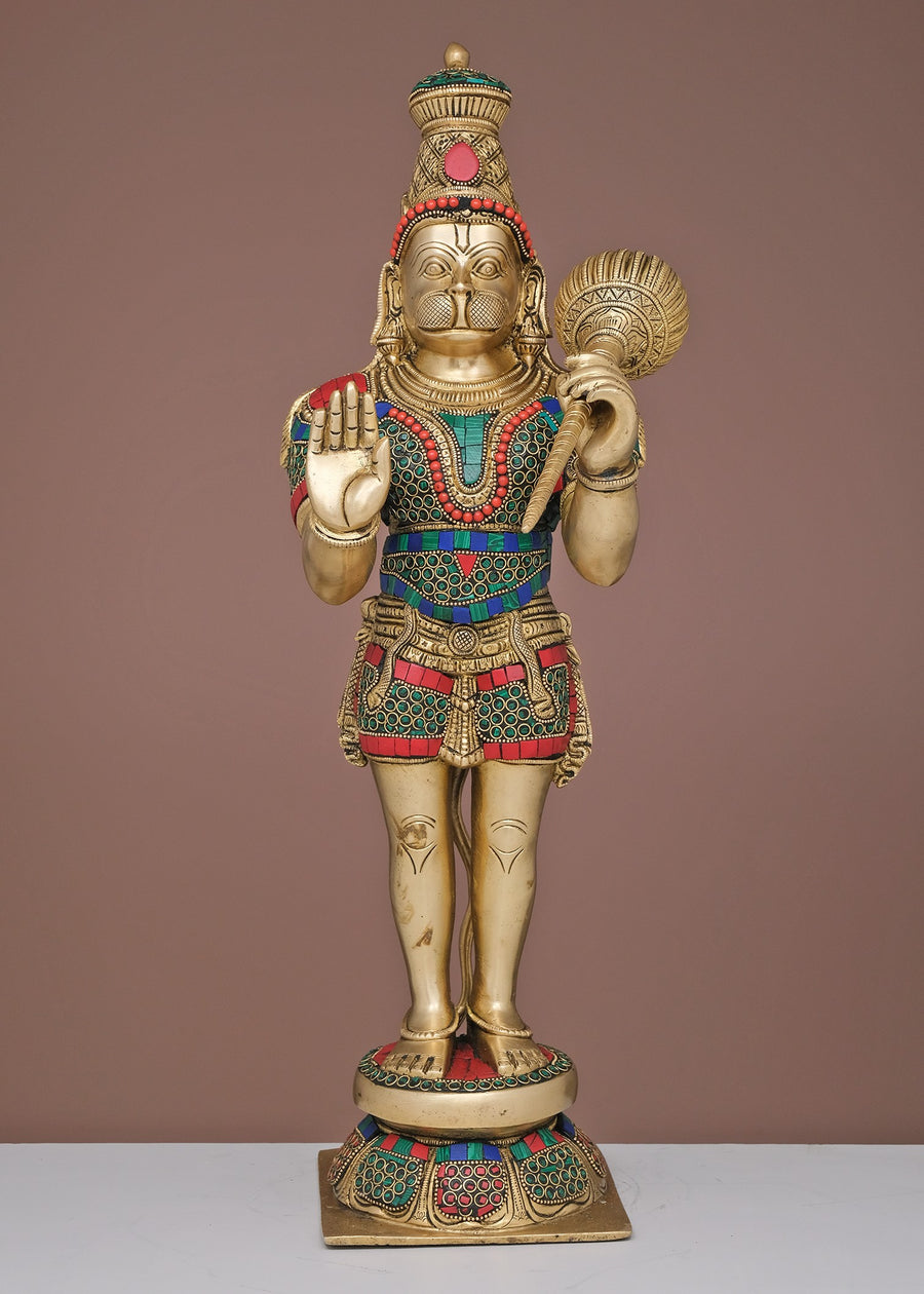 Brass Sankat Mochan Hanuman Handmade Statue with Inlay Work