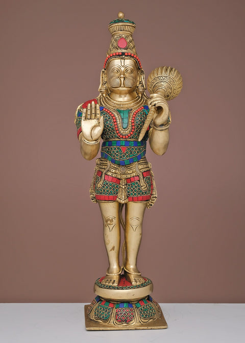 Brass Sankat Mochan Hanuman Ji Statue with Inlay Work | Handmade