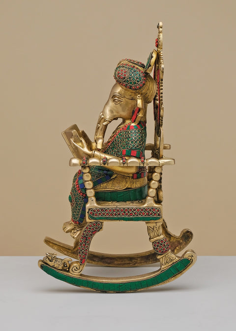 17" Brass Ganesha On Rocking Chair with Inlay Work | Handmade
