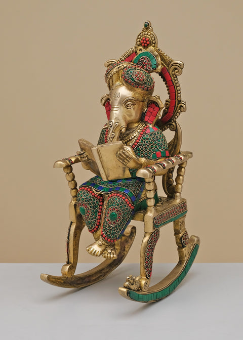17" Brass Ganesha On Rocking Chair with Inlay Work | Handmade