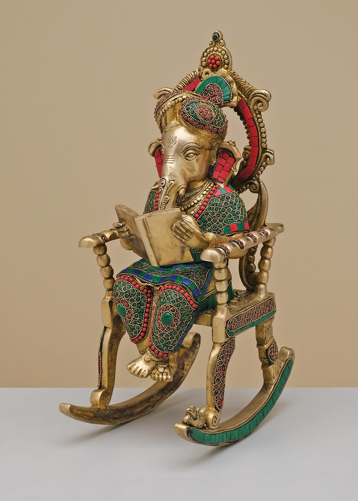 17" Handmade Brass Ganesha on Rocking Chair Statue with Inlay Work