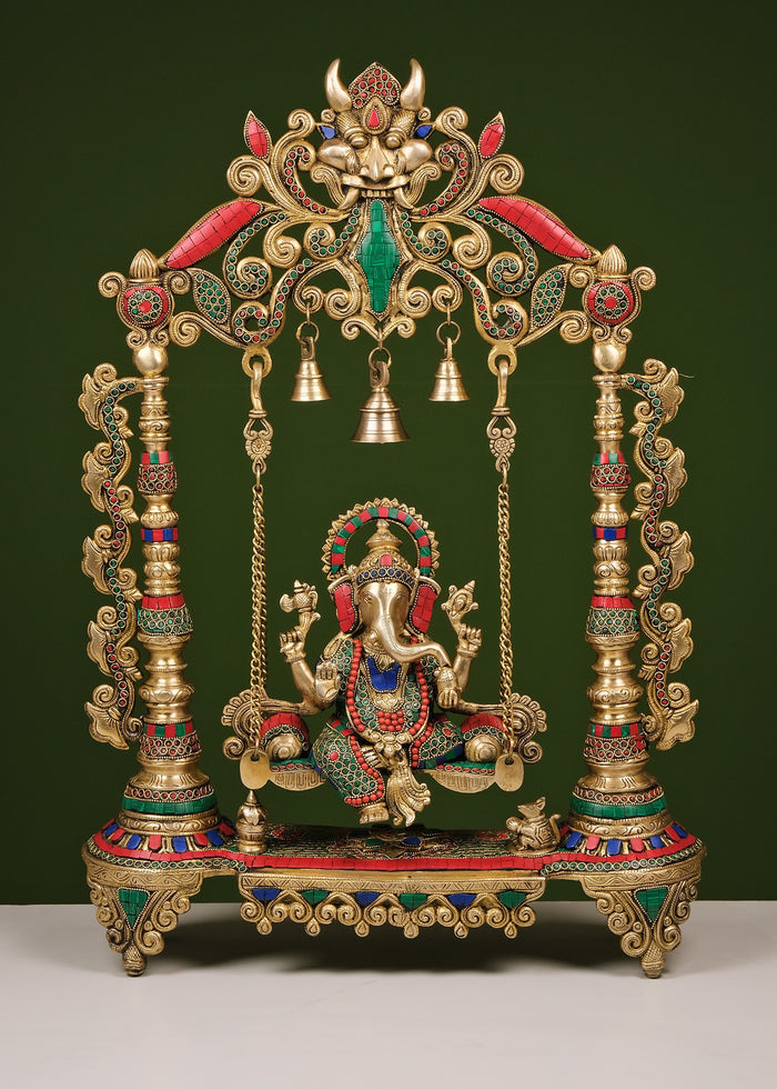 26" Handmade Brass Ganesha on Swing Statue with Inlay Work