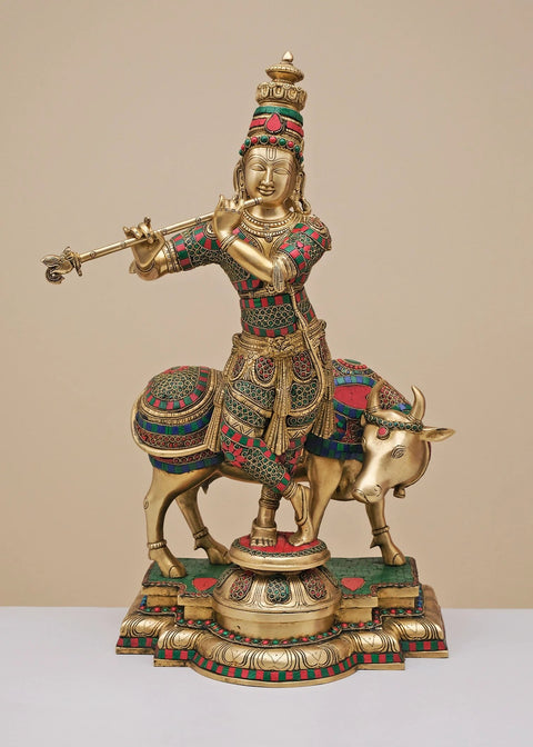 26" Brass Fluting Krishna with His Cow | Handmade