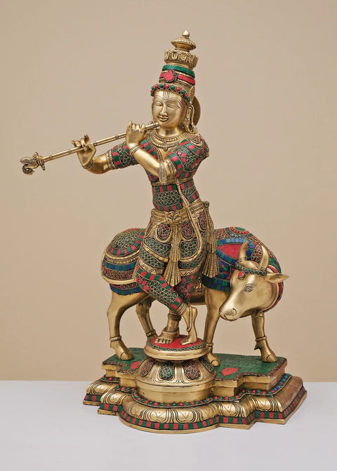26" Brass Fluting Krishna with His Cow | Handmade