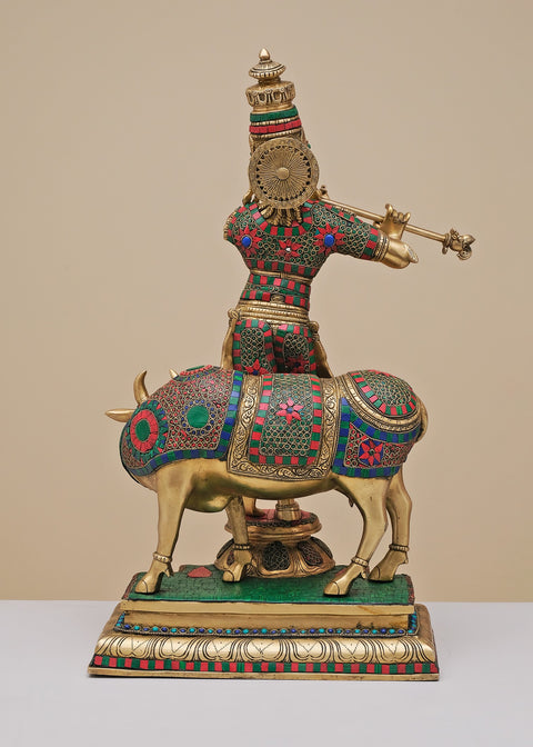 26" Brass Fluting Krishna with His Cow | Handmade