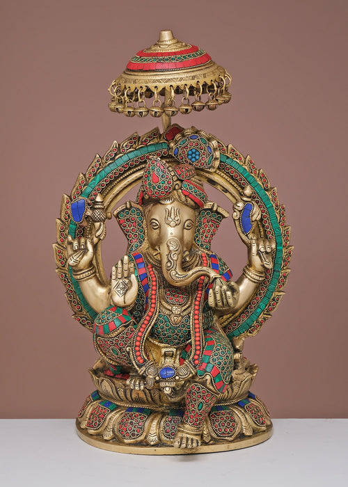 18" Handmade Brass Lord Ganesha Idol with Inlay Work