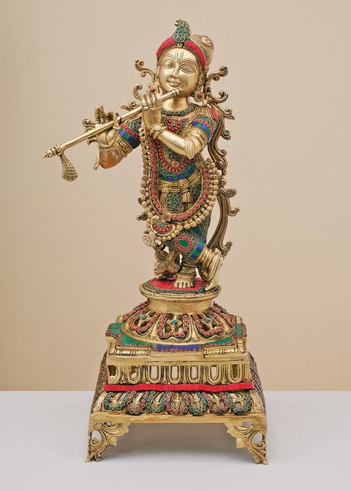 25" Brass Krishna with Flute Handmade Statue for Home Decor
