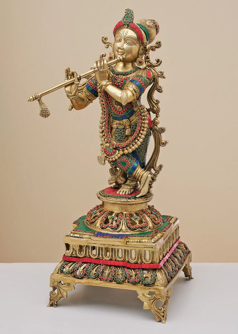 25" Brass Fluting Krishna with Inaly Work | Handmade