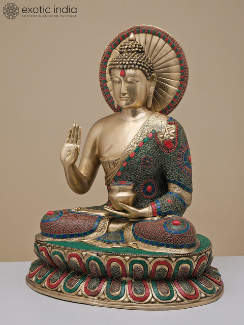 29" Brass Gautam Buddha Preaching His Dharma with Inlay Work | Handmade