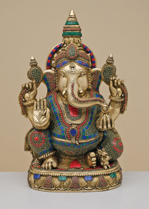 20" Brass Lord Ganesha Statue with Inlay Work Handmade