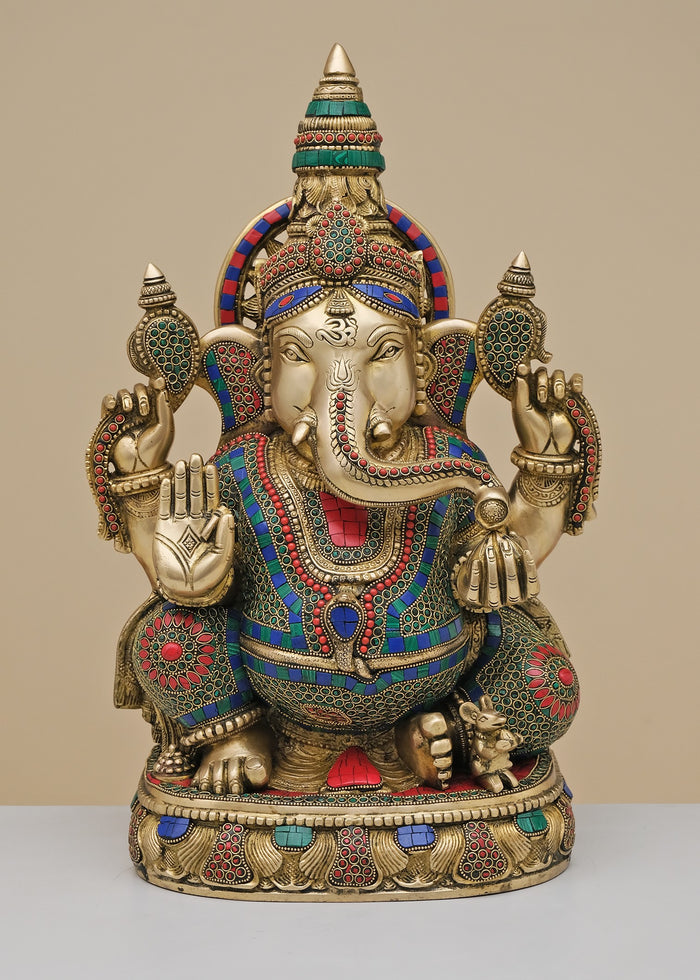 20" Brass Lord Ganesha Statue with Inlay Work Handmade