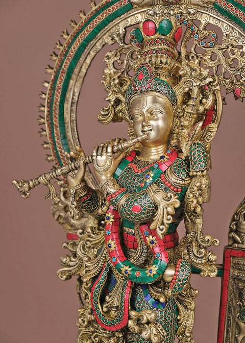 32" Large Brass Fluting Krishna with Arch | Handmade