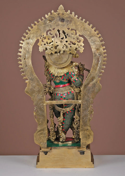 32" Large Brass Fluting Krishna with Arch | Handmade