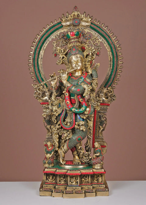 32" Large Brass Fluting Krishna with Arch | Handmade