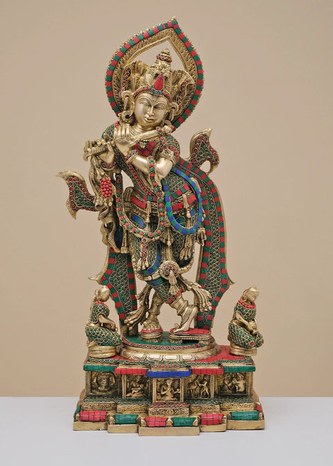 25" Brass Fluting Krishna with Inlay Work | Handmade