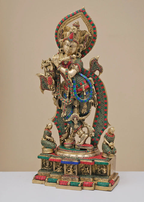 25" Brass Fluting Krishna with Inlay Work | Handmade