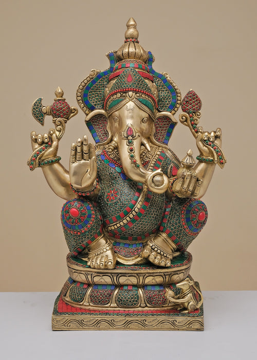 24" Handmade Brass Lord Ganesha Statue with Inlay Work