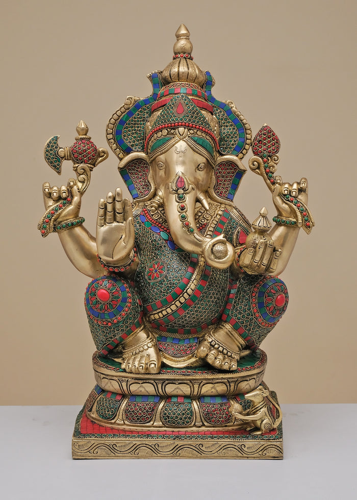 24" Handmade Brass Lord Ganesha Statue with Inlay Work