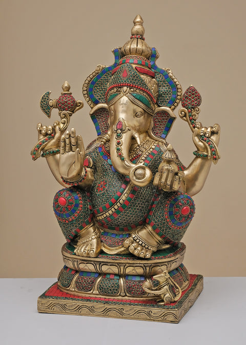 24" Brass Lord Ganesha with Inlay Work | Handmade