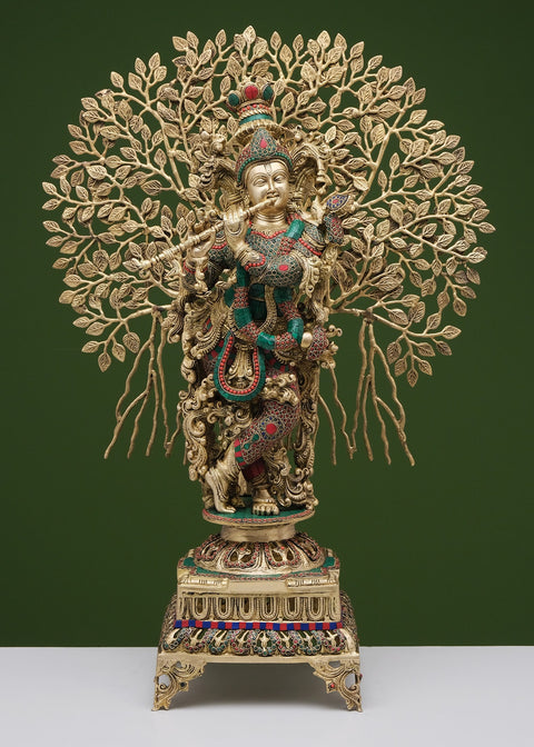36" Large Brass Fluting Krishna with Tree | Handmade